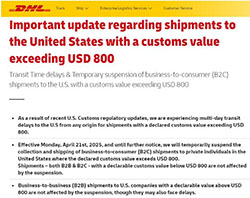 物流巨头DHL暂停向美国个人发送高价值包裹